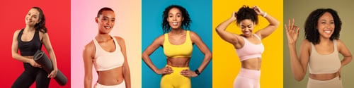 Preview: Diverse women in active wear striking poses against colorful backgrounds
