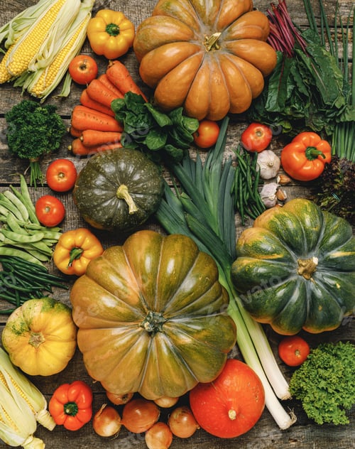 Preview: Beautiful arrengament of autumn vegetables on wooden table
