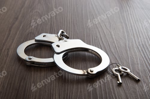 Preview: Police metal handcuffs on dark wooden background