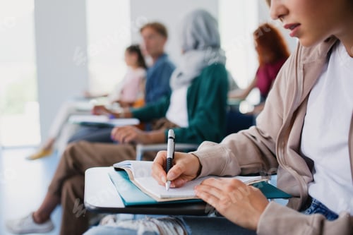 Preview: Group of unrecognizable university students sitting in classroom indoors, studying