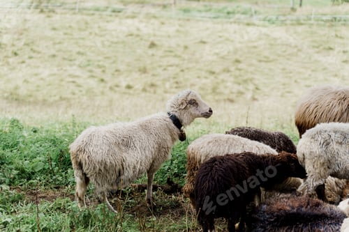Preview: Flock of sheep and rams on green field, wool farm in mountains