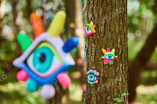 Preview: Art object of human eyes on tree trunk in green forest background, trees sight ecological concept