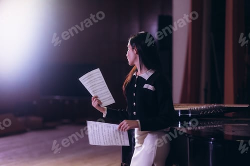Preview: Portrait of a female musician with notes on stage