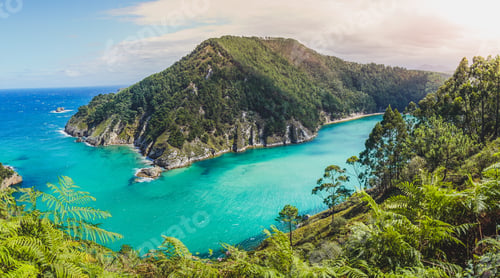Preview: Panoramic of the bay of Pechón in Cantabria Spain. Turquoise waters of white sand on a sunny day. Sm