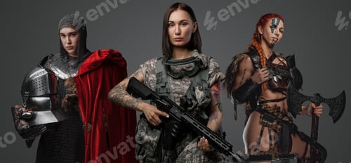 Preview: Modern soldier woman with female medieval knight and viking