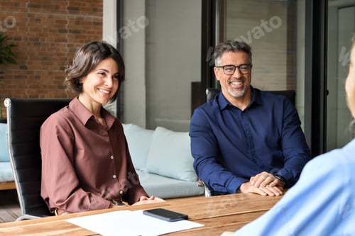 Preview: Happy business people executive hr team working together at meeting interview.
