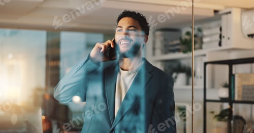 Preview: Phone call, smile and businessman in office, glass and conversation with contact for update and pro