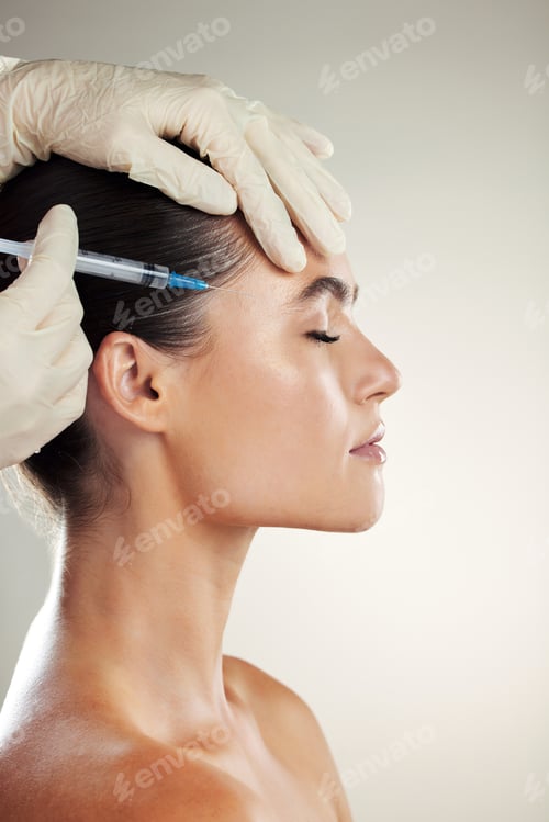 Preview: Woman, botox and plastic surgery for collagen injection with beauty dermatology cosmetics. Face of