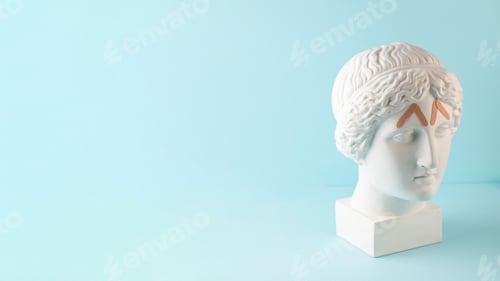 Preview: Beige tapes for the face on the bust on a blue background. Non-surgical facelift, rejuvenation.