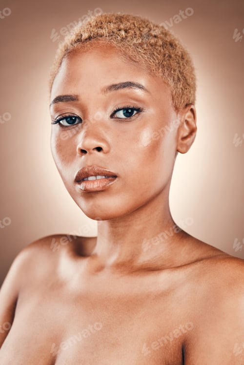 Preview: Beauty, skincare and portrait of black woman with glowing skin in studio on brown background. Natur