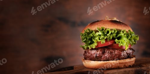 Preview: Homemade hamburger with large beef cutlet and fresh vegetables