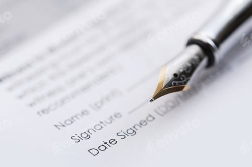 Preview: Signing the business contract. Fountain pen and document.