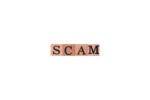Preview: The inscription Scam made of wooden cubes on a plain background