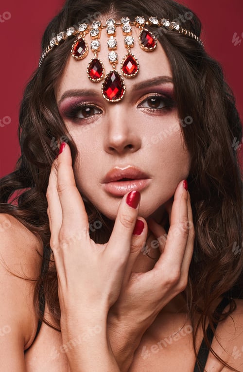 Preview: Beauty Portrait Of Young Swag Sexy Woman With Curly Long Hair And Jewerly On Red Background In