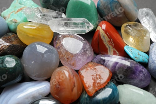 Preview: Different precious gemstones as background, closeup view