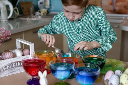 Preview: Easter traditions, red-haired boy paints eggs in different bright colors in the home kitchen.