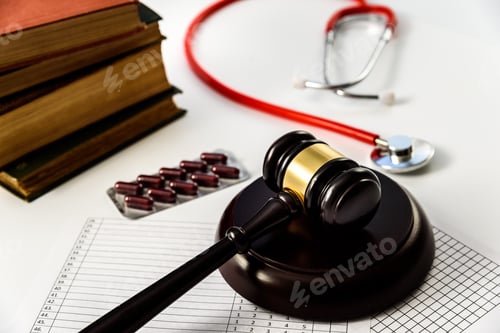 Preview: Judge gavel deciding in a drug corruption case in a hospital.