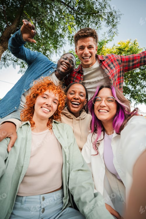 Preview: Group of happy teenagers smiling and having fun outdoors, enjoying friendship and diversity while