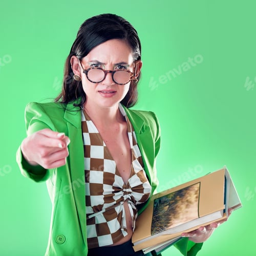 Preview: Angry, pointing and books with portrait of woman and teaching for study, learning and education. Ma