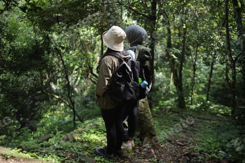 Preview: Two smiling girls wander along a peaceful woodland path enjoying the sounds of nature.