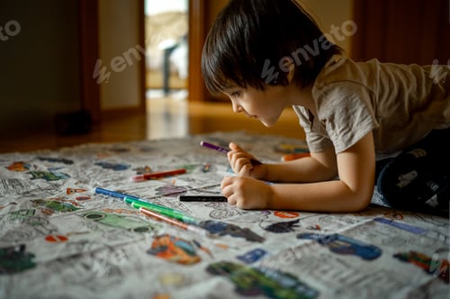 Preview: A three-year-old boy lies at home on the floor and draws with colorful pencils