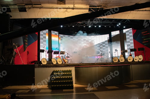 Preview: mariachi musical stage with lights, hats and instruments ready for performance