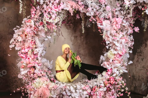 Preview: Embracing Tranquility Within a Floral Circle of Pastel Hues and Vibrant Elegance