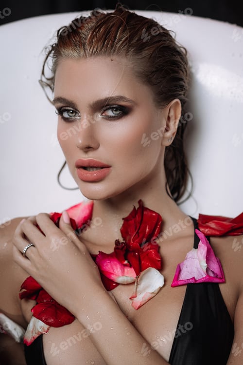 Preview: Beautiful Woman in Bath with Rose Petals