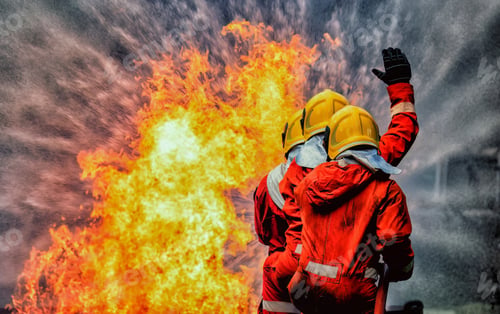Preview: fire fighter team on training with gas and oil fire hold hose spray jet water spray to extinguish