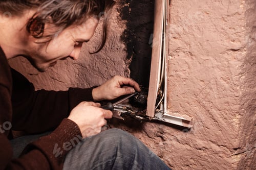 Preview: A man fixes a burnt socket. Short circuit, burnt wires. traces of smoke fire on the wall. The