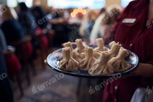 Preview: waiter brings a plate of khinkali. Georgian cuisine