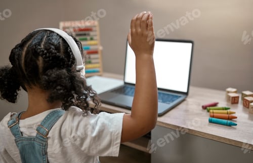Preview: Video call, laptop and mockup with child learning at home for pandemic, education and knowledge. Qu