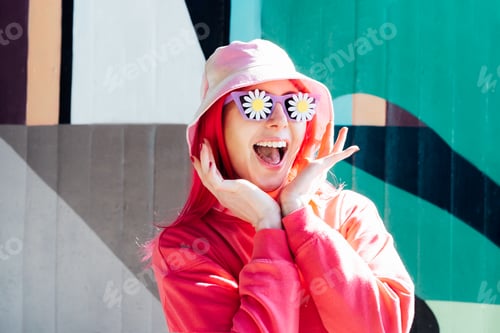 Preview: Wow, excited emotional screaming woman in sunglasses with flowers stickers. Playful woman
