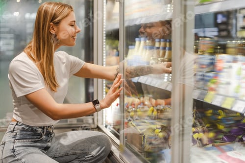Preview: Young woman choosing frozen food products in supermarket