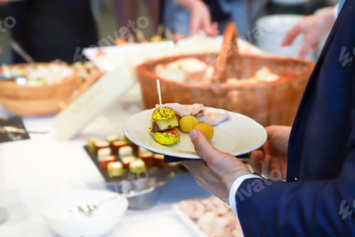 Preview: catering buffet food indoor in luxury restaurant with meat and vegetables