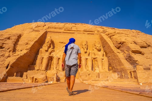 Preview: A European Tourist In A Blue Turban At The Abu Simbel Temple In Southern Egypt In Nubia Next To