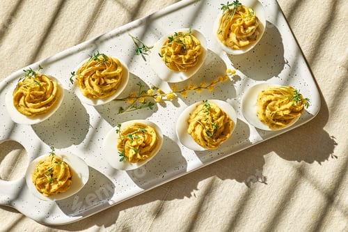 Preview: Stuffed easter eggs mimosa with egg yolk, turmeric, cream cheese and cress salad.