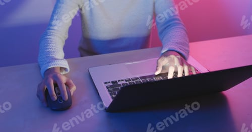 Preview: Woman use of notebook computer with cyber modern light