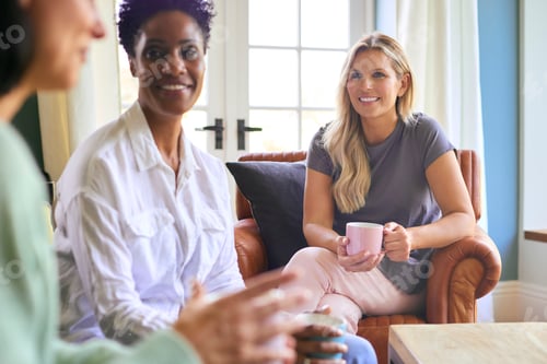 Preview: Three Mature Female Friends In Lounge At Home Meeting For A Chat And Hot Drink