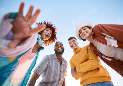 Preview: Portrait, smile and a group of friends on a blue sky outdoor together for freedom, bonding or fun f