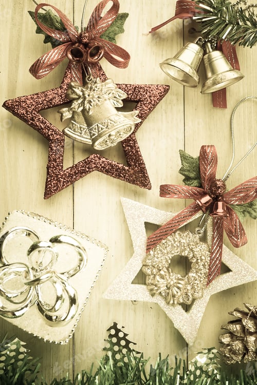 Preview: Christmas Decorations On Wooden Background In Vintage Style