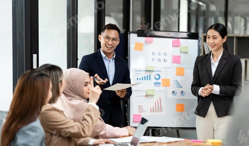 Preview: Business people, presentation and graphs for finance with financial or marketing charts on a board