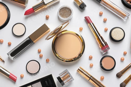 Preview: Different luxury makeup products on white background, top view