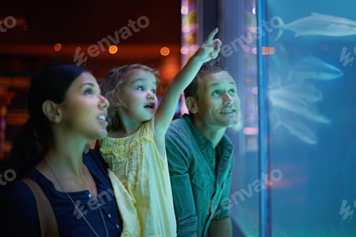 Preview: Discovering the marine life. Shot of a family of three on an outing to the aquarium.