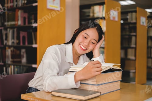 Preview: Young Asian women are searching for books and reading books on the tables and aisles of the college