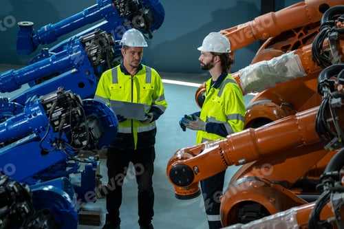 Preview: Robot engineer working with robotic arms working on assembly line.