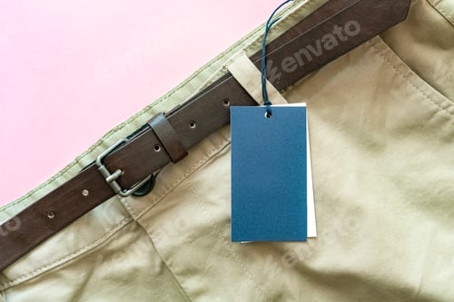 Preview: new brown casual trousers pants with copy space on a sale price tag isolated on colorful background