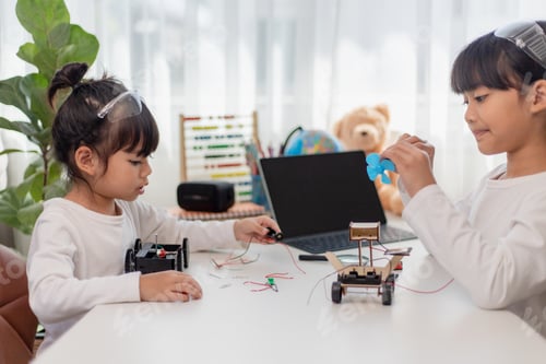 Preview: Asia students learn at home in coding robot cars and electronic board cables in STEM, STEAM,