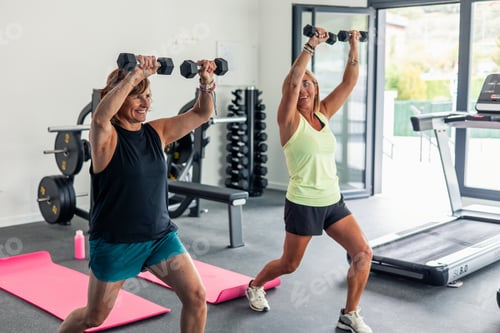 Preview: Two elderly women in sportswear doing shoulder exercises with dumbbells during fitness class in gym