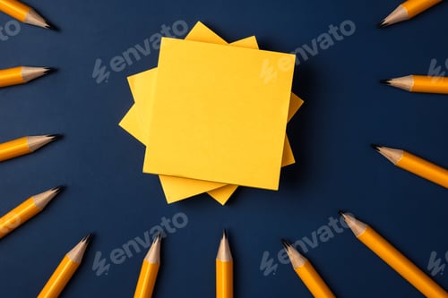 Preview: blank yellow sticky note and pencil on navy blue table background